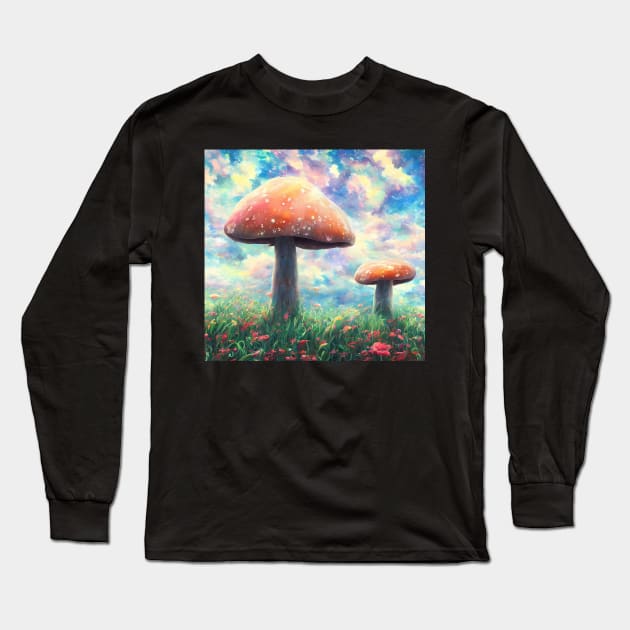 Giant fantasy mushrooms under a cotton candy sky Long Sleeve T-Shirt by Virtually River